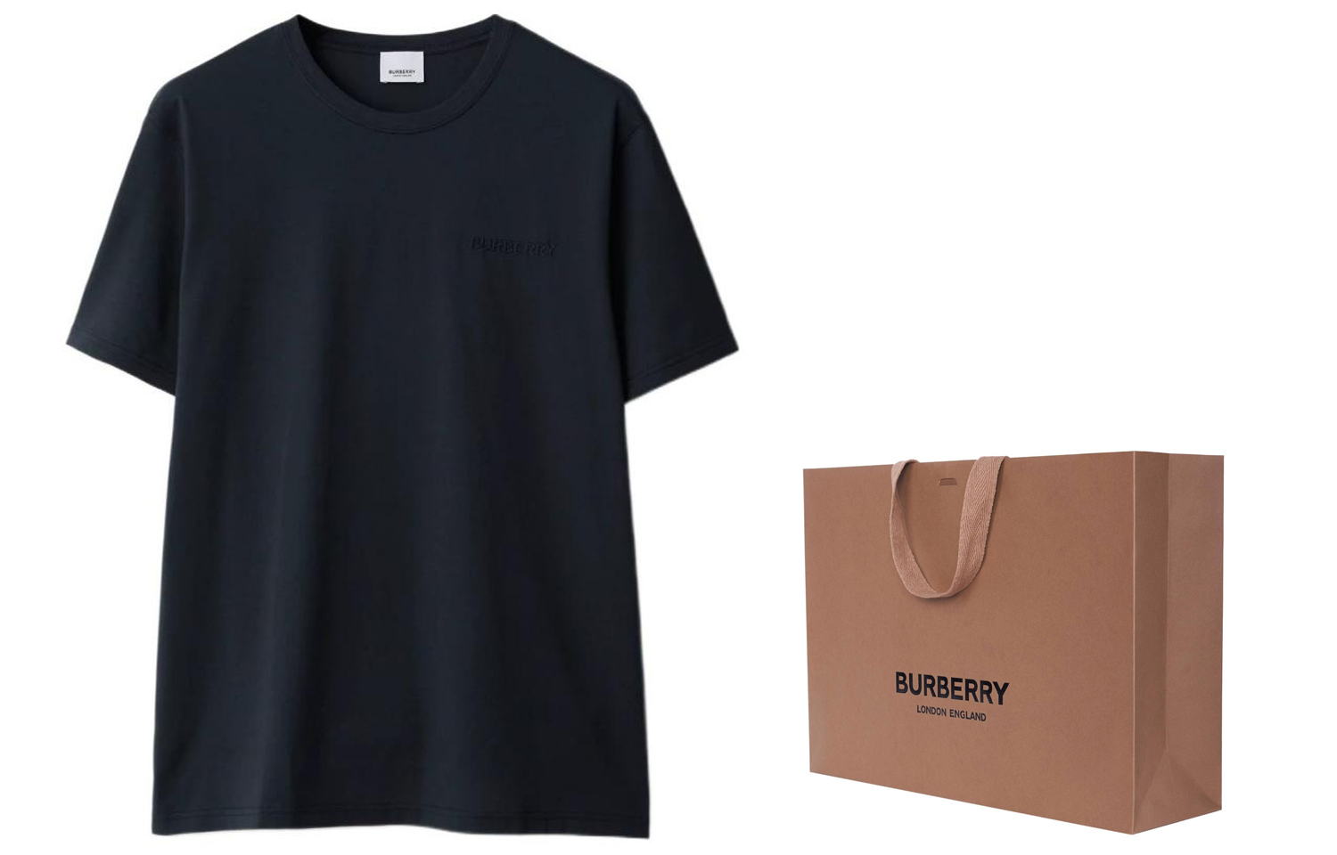 Shop Burberry SS24 Baju-T Leher Bulat Navy Blue Logo Sulam Warna Solid. 80843641