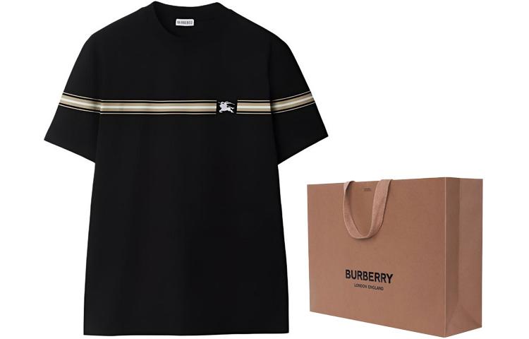 Shop Burberry SS24 Baju T Hitam Lengan Pendek Crewneck Berjalur 80910261