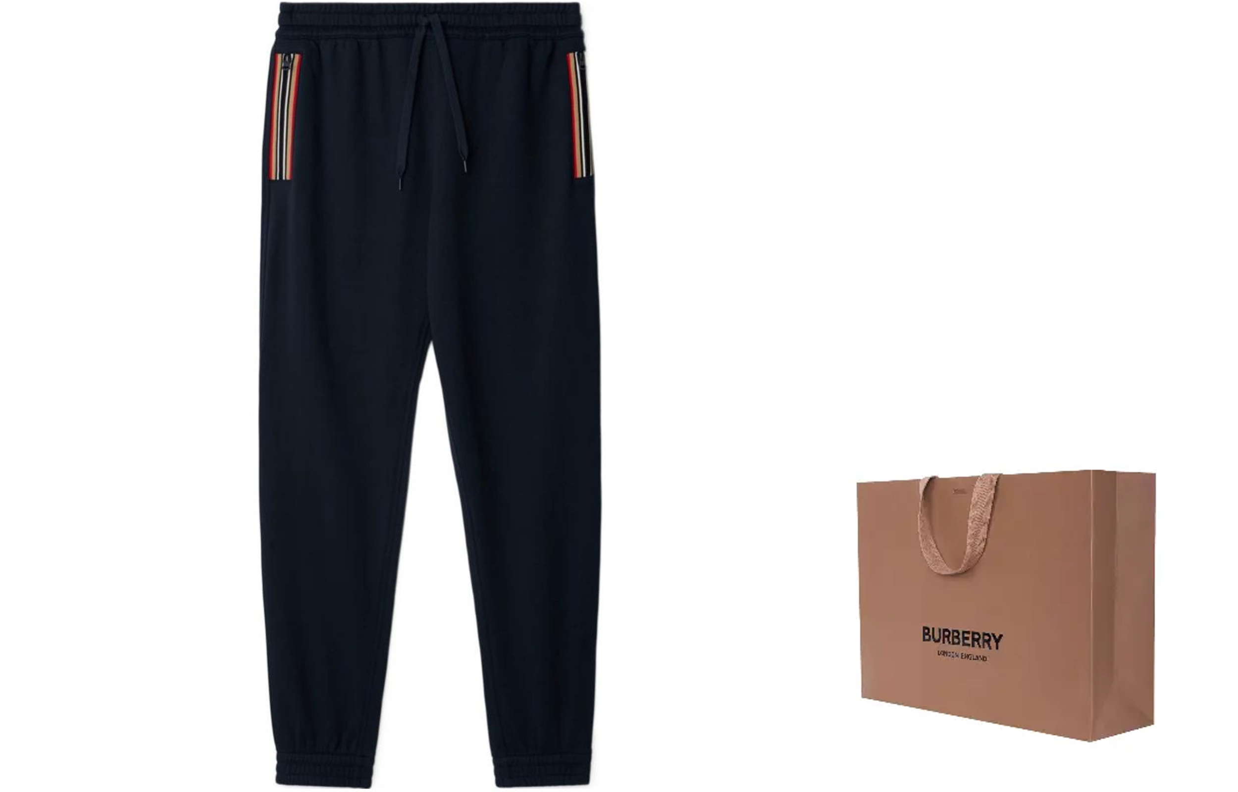 Shop Burberry SS24 Celana Santai Knit Bergaris Tali Serut Biru Navy. 80878711