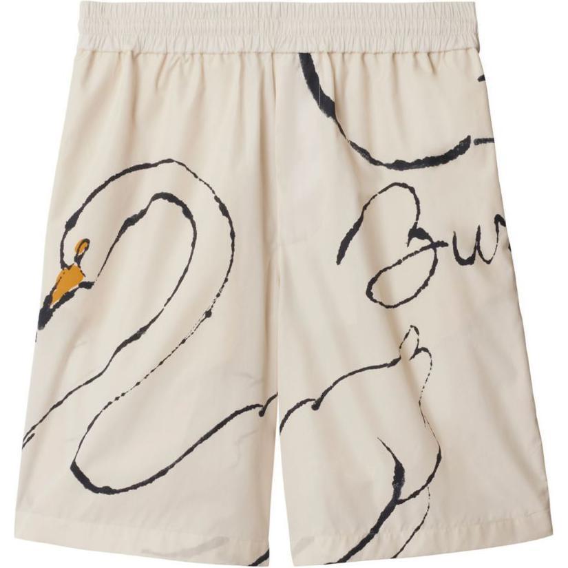 Burberry SS24  White Swan Print Elastic Waist Casual Shorts. 80972091