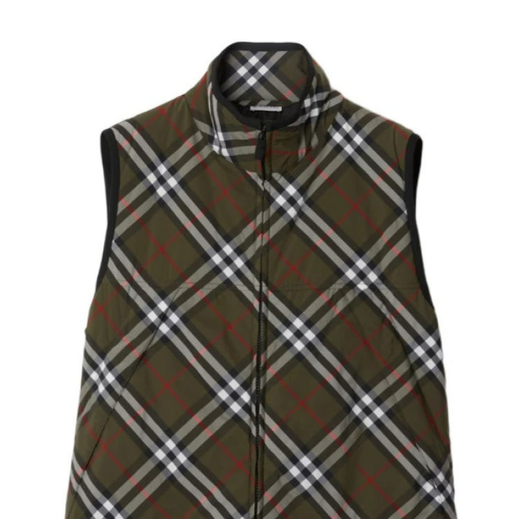 Cheap Burberry SS24 Jaket Vest Zip Dalam Corak Kotak Hijau Gelap. 81018491