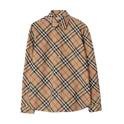 Burberry SS24 Check Button-Up Collar Long Sleeve Shirt Mens Beige. 80876341
