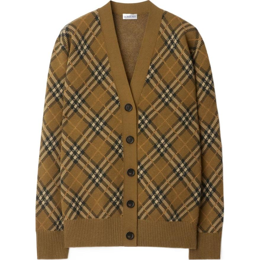 Burberry SS24 Check V-Neck Ribbed Button-Up Cardigan Women Brown Gray 80996211