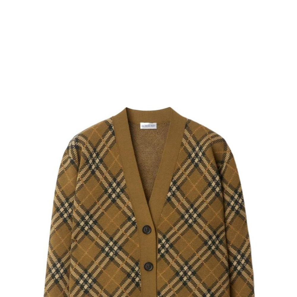 Sizing Burberry SS24 Check V-Neck Ribbed Button-Up Cardigan Women Brown Gray 80996211