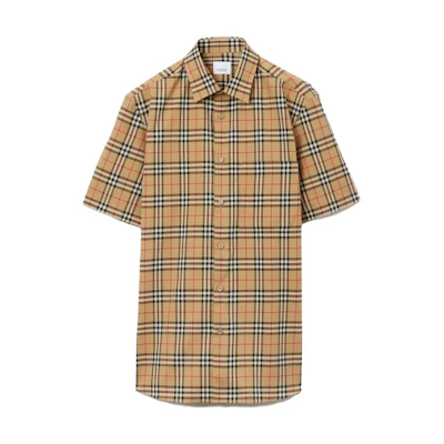 Burberry SS24 Checkered Point Collar Short Sleeve Shirt Beige Casual Shirt 80795891