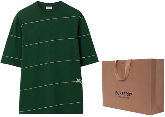 버버리 SS24 아이비 그린 로고 자수 스트라이프 반팔 티셔츠 남성용. 80836111 Shop 버버리 SS24 아이비 그린 로고 자수 스트라이프 반팔 티셔츠 남성용. 80836111