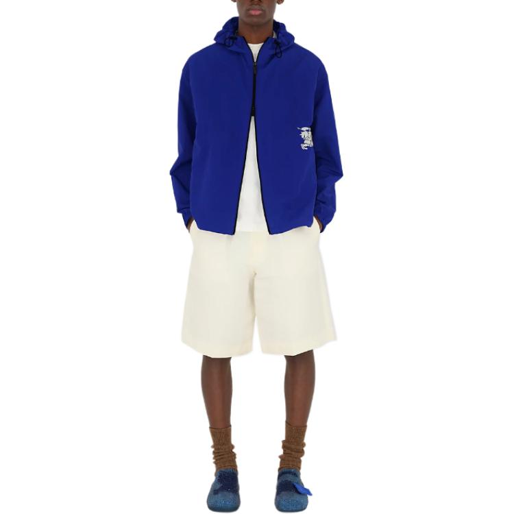 Shop Burberry SS24 純色騎士Logo連帽拉鍊外套 藍色 男款 80867131