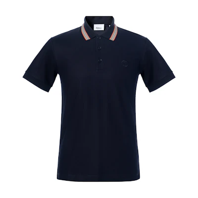 Burberry SS24 Solid Color Stripe Collar Short Sleeve Polo Shirt Navy Blue Mens 80840191