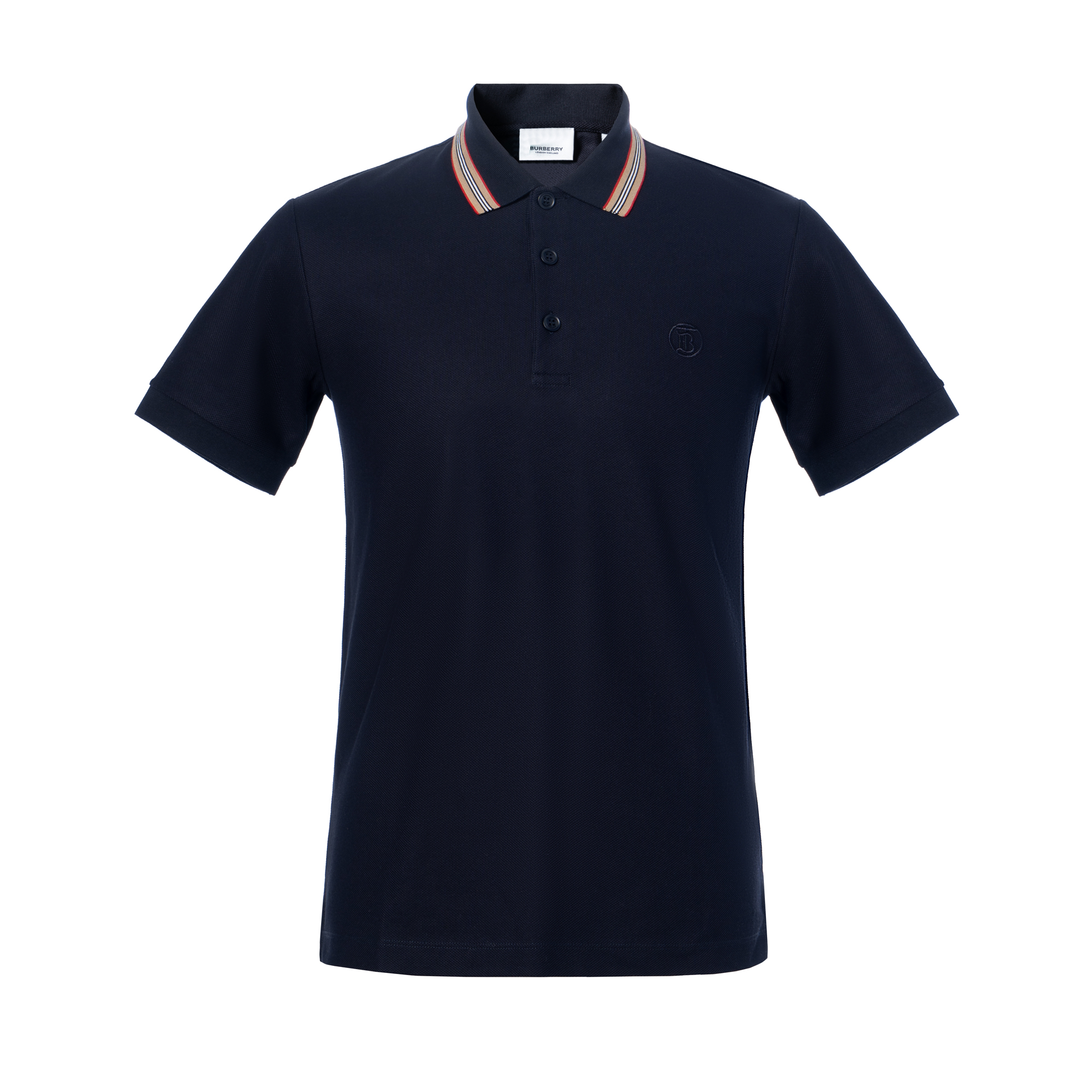 Burberry SS24 Solid Color Stripe Collar Short Sleeve Polo Shirt Navy Blue Mens 80840191 圖 2