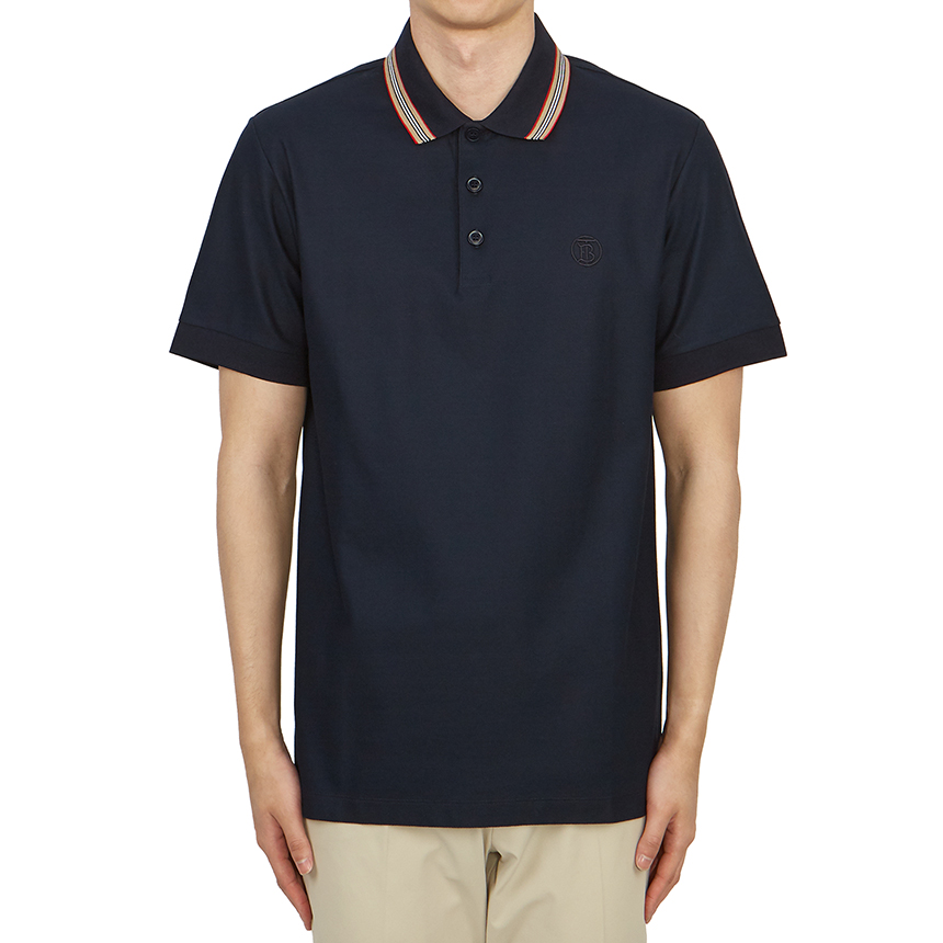 Burberry SS24 Solid Color Stripe Collar Short Sleeve Polo Shirt Navy Blue Mens 80840191 圖 5