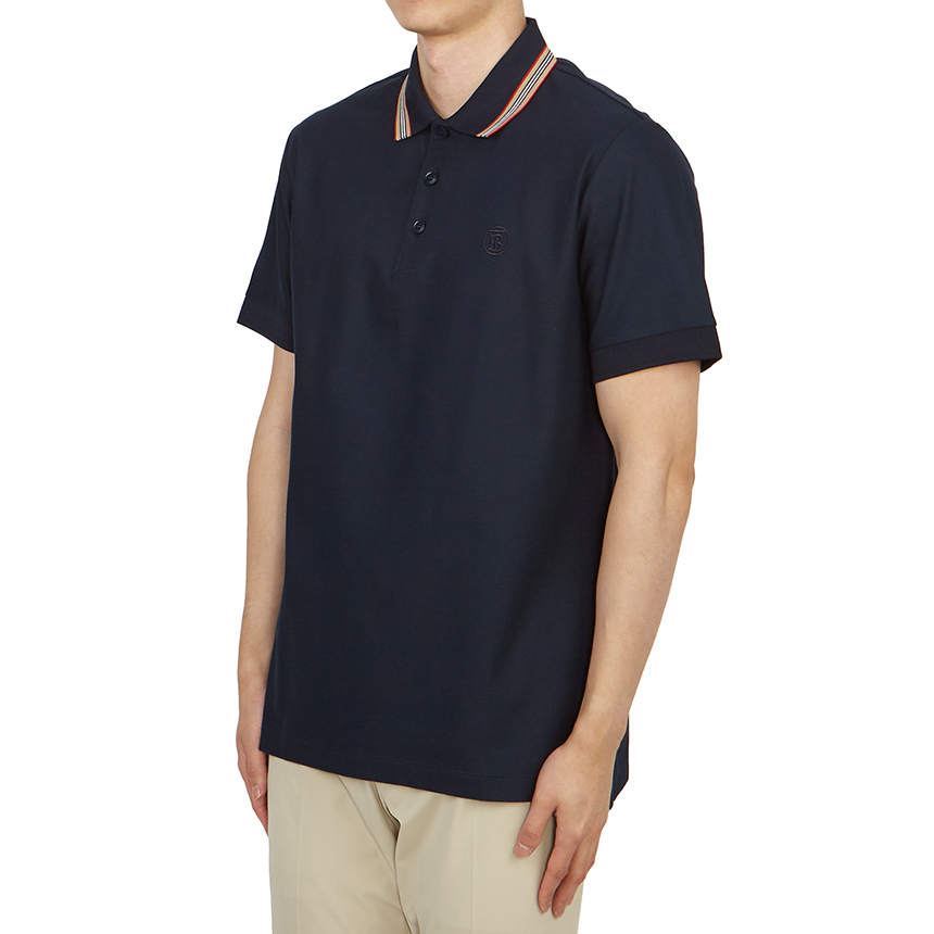 Burberry SS24 Solid Color Stripe Collar Short Sleeve Polo Shirt Navy Blue Mens 80840191 圖 7