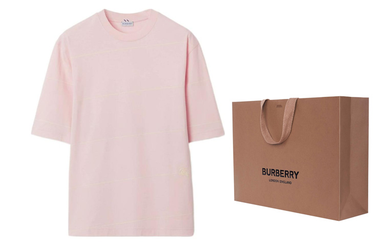 Shop 博柏利 SS24 條紋刺繡Logo粉紅色男士圓領T恤 80820261