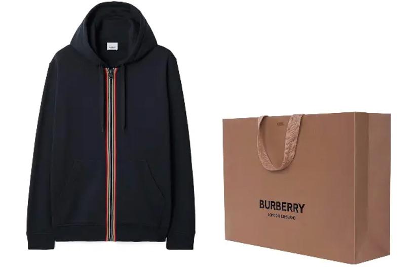 Shop Sudadera con Capucha Burberry SS24 Rayas Cremallera Azul Marino Negro. 80844291