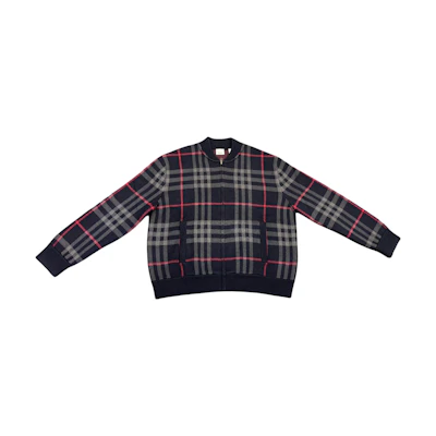 Burberry SS25 Checkered Wool Knit Zipper Cardigan - Dark Navy Blue 80911651