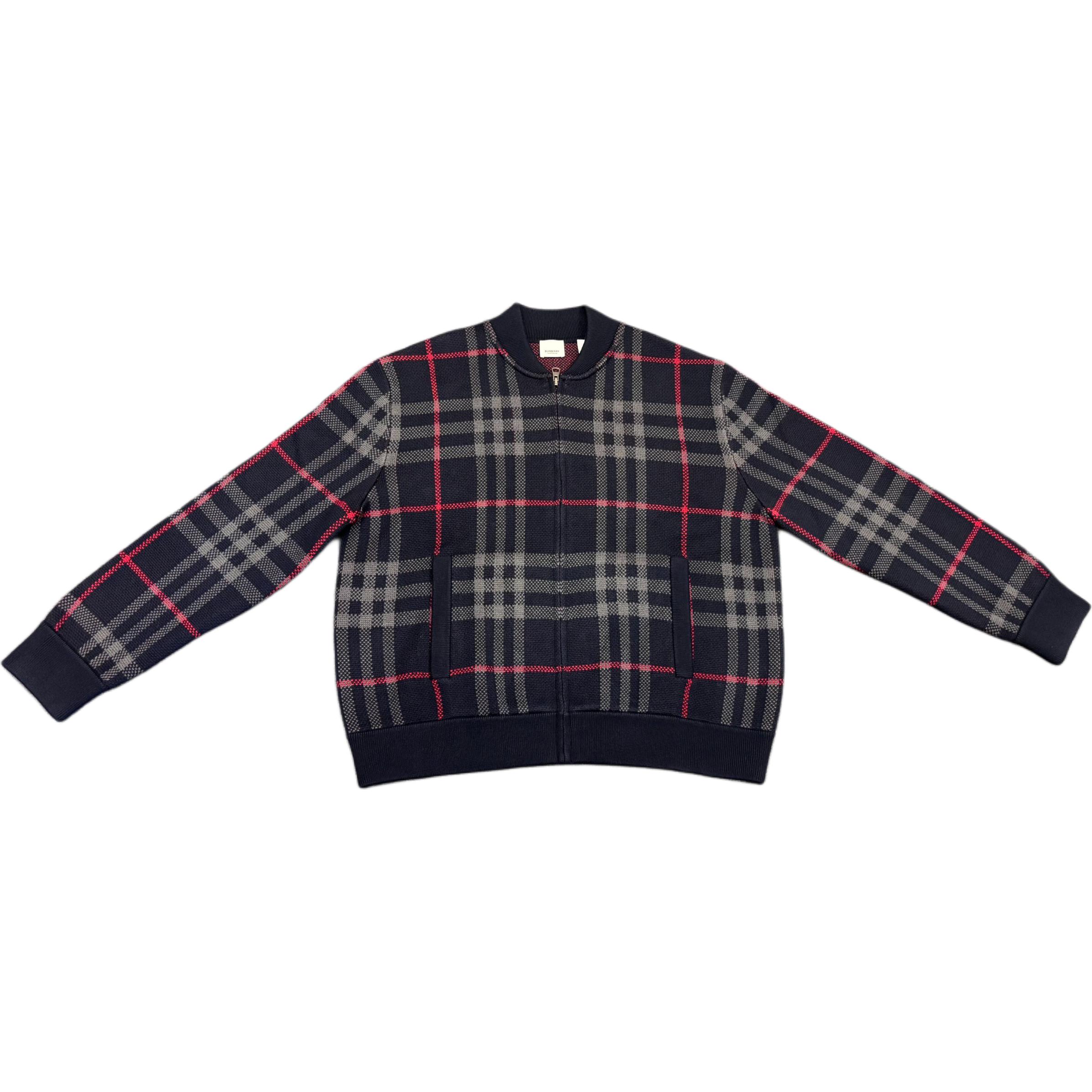Order 버버리 SS25 체크 울 니트 집업 가디건 - 다크 네이비 블루 80911651