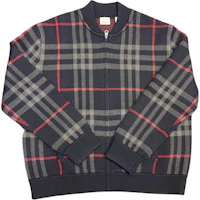 Shop Burberry SS25 Checkered Wool Knit Zipper Cardigan - Dark Navy Blue 80911651