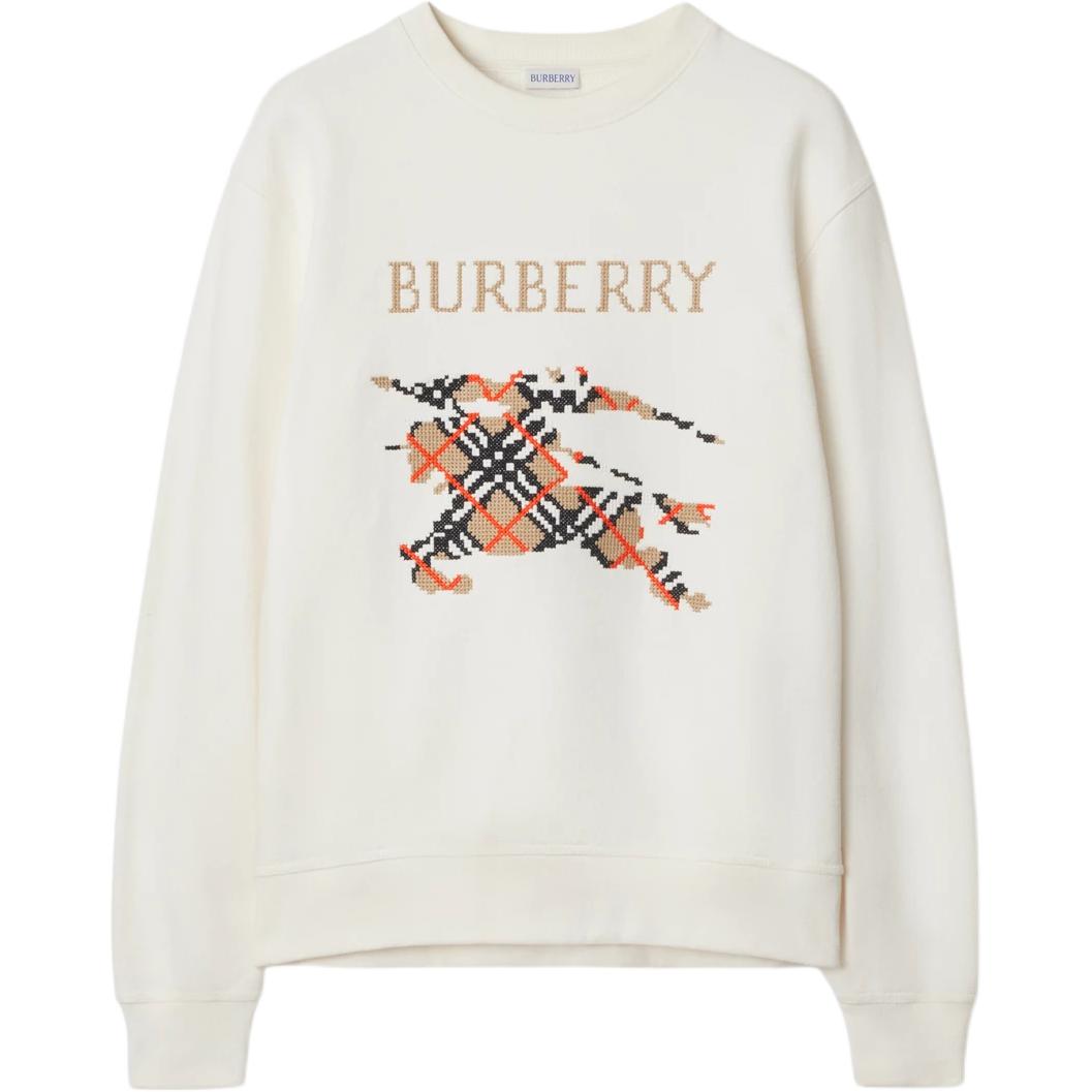 Burberry SS25  EKD Logo Plaid Ribbed Knit Cotton Sweatshirt Chalk White 81105471