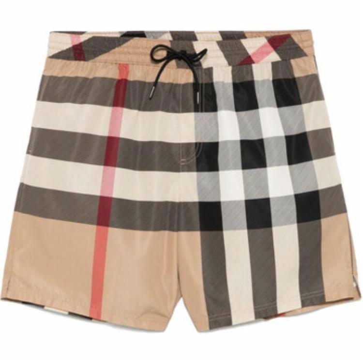 Order Burberry SS25 經典格紋抽繩口袋男士泳褲 卡其色。 81072721