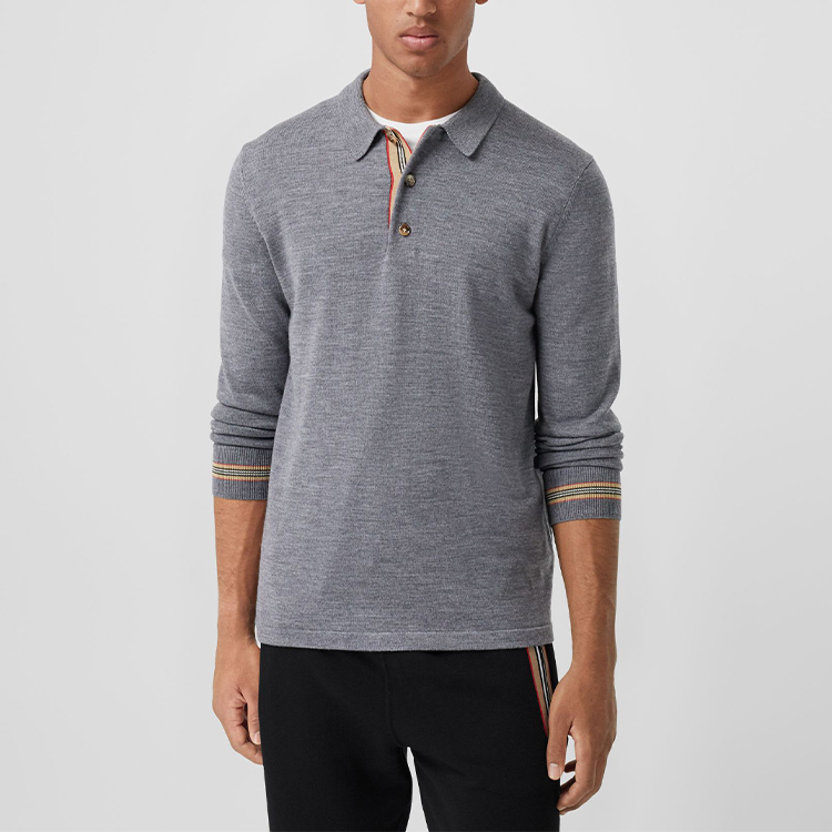 Burberry Striped Button-Down Long Sleeve Polo Shirt in Mid Heather Grey 80330941 圖 3