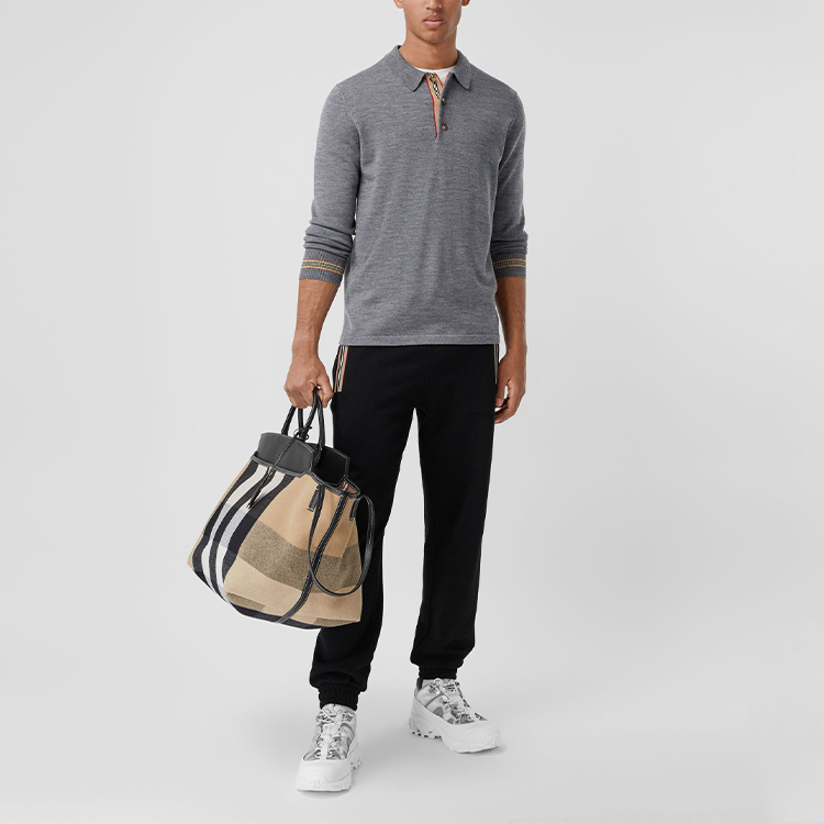 Burberry Striped Button-Down Long Sleeve Polo Shirt in Mid Heather Grey 80330941 圖 5