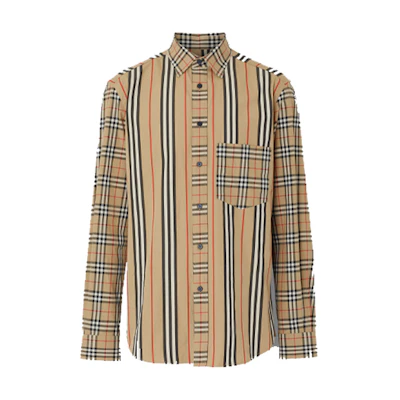 Burberry Striped Print Point Collar Long Sleeve Shirt Archive Beige 80106401