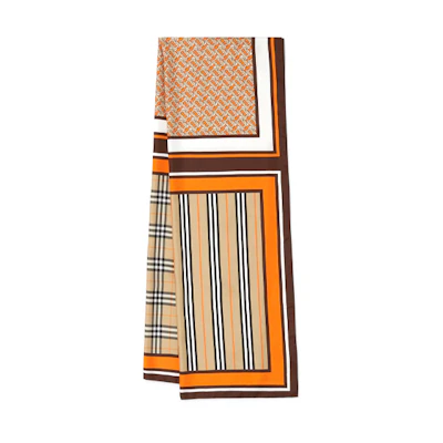 Burberry TB Monogram Print Silk Wool Check Scarf Orange 80265421