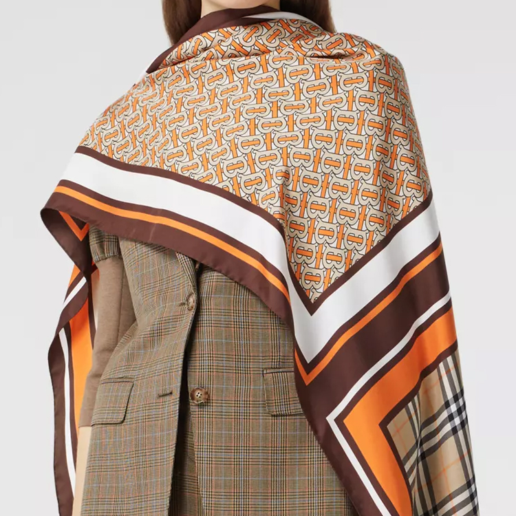 Burberry TB Monogram Print Silk Wool Check Scarf Orange 80265421 圖 5