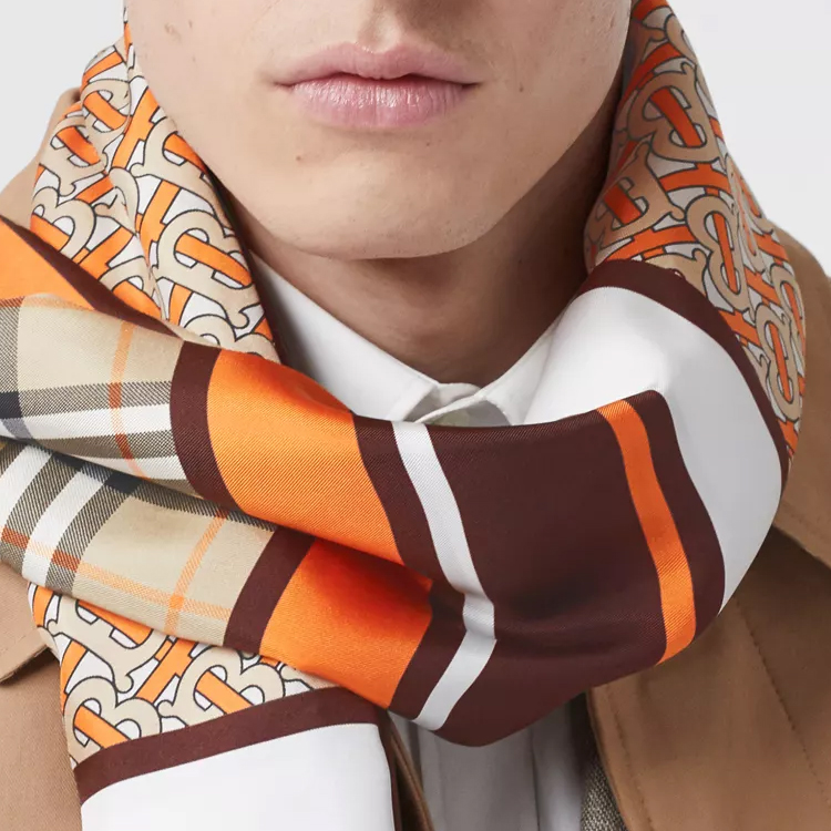 Burberry TB Monogram Print Silk Wool Check Scarf Orange 80265421 圖 6