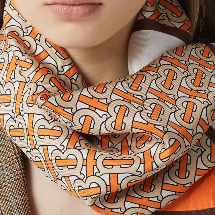 Burberry TB Monogram Print Silk Wool Check Scarf Orange 80265421 圖 7