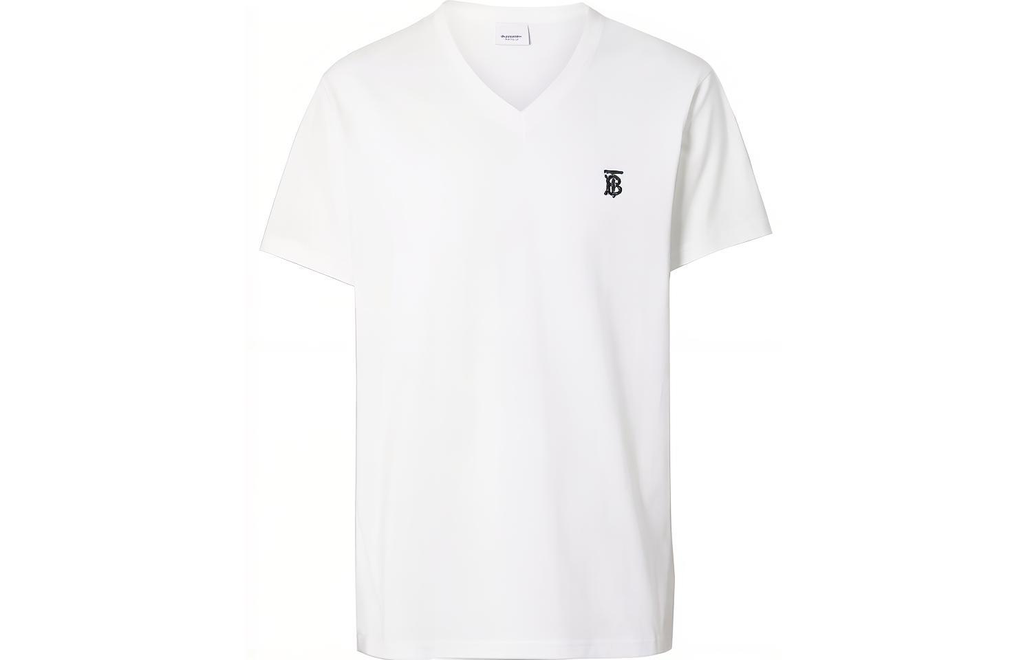Burberry Unisex White V-Neck Tee with Solid Logo Embroidery 8017258-A1464