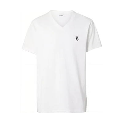 Burberry Unisex White V-Neck Tee with Solid Logo Embroidery 8017258-A1464