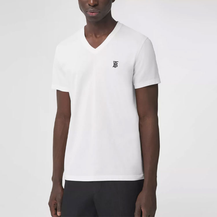 Lookbook Burberry Unisex White V-Neck Tee with Solid Logo Embroidery 8017258-A1464