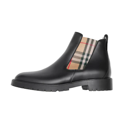 Burberry Vintage Check-Trimmed Leather Chelsea Boots 'Black'