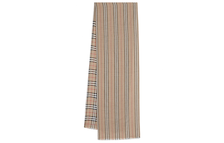 Burberry Vintage Check & Icon Stripe Silk Wool Scarf Unisex Couple Classic Beige 8014659
