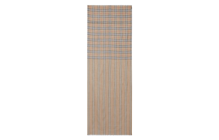 Burberry Vintage Check & Icon Stripe Silk Wool Scarf Unisex Couple Classic Beige 8014659 圖 3