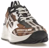 Shop Burberry Vintage Check Cotton and Leather Sneakers Dark Birch Brown White 80642821