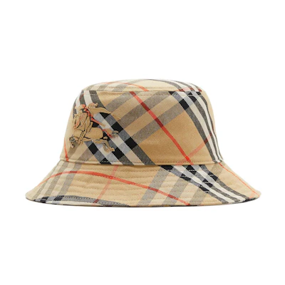 Burberry Vintage Check Equestrian Knight Cotton Bucket Hat Beige Men 80857261