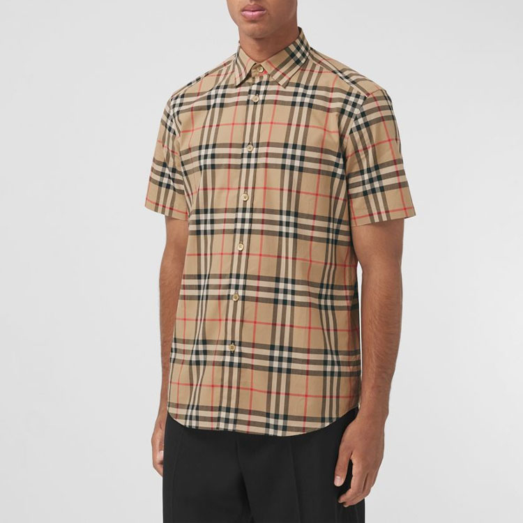 Shop Burberry Vintage Check Kemeja Lengan Pendek Archive Beige Klasik 80208691