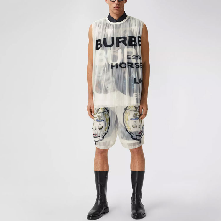 Shop Burberry White Ocean Sketch Print Pleated Casual Shorts. 45674561