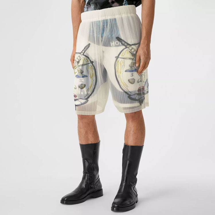 Details for Burberry White Ocean Sketch Print Pleated Casual Shorts. 45674561