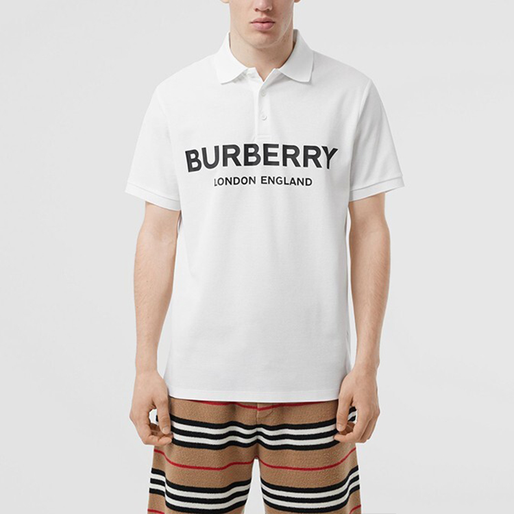 Shop Burberry White Short-Sleeve Polo Shirt with Logo Print 80094981