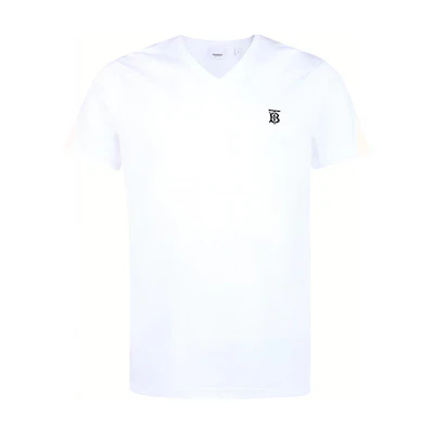 Burberry White V-Neck Tee with Logo Embroidery 80172581