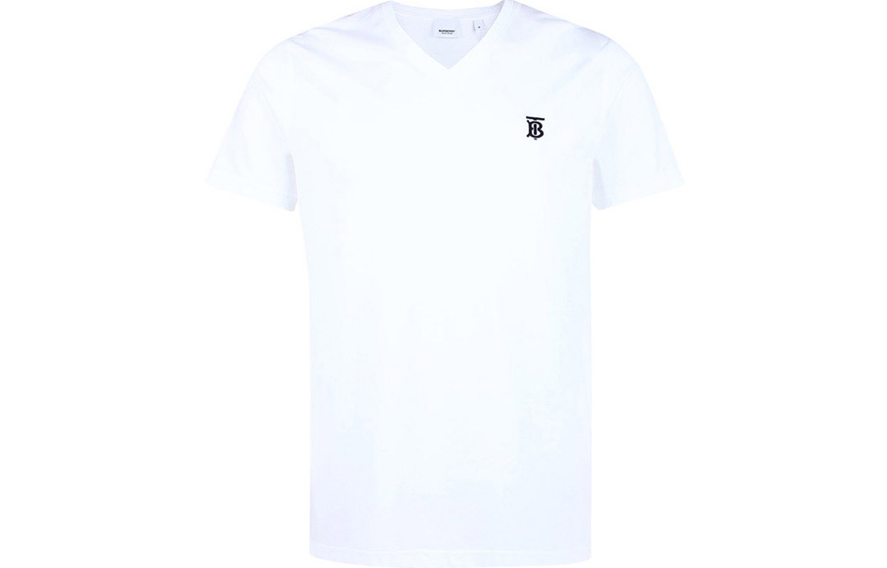 Burberry White V-Neck Tee with Logo Embroidery 80172581 圖 2