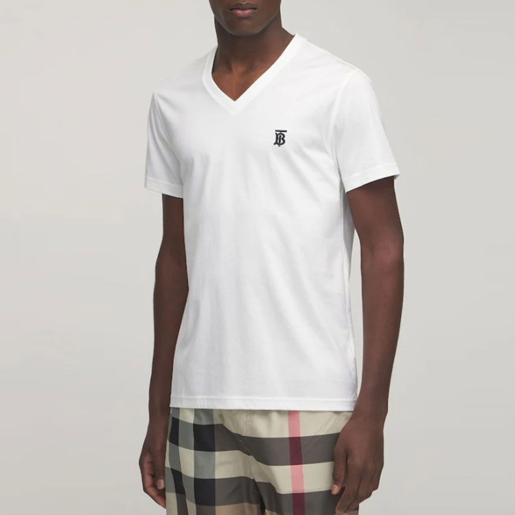 Burberry White V-Neck Tee with Logo Embroidery 80172581 圖 4