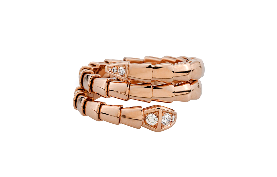 BVLGARI Serpenti Viper 18K Rose Gold Diamond Double Coil Ring Unisex AN858824