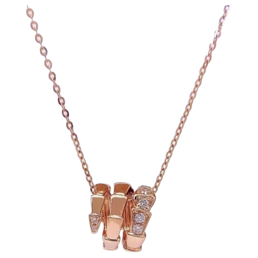 BVLGARI Serpenti Viper Logo Pendant 18K Rose Gold Diamond Necklace Unisex. 357794