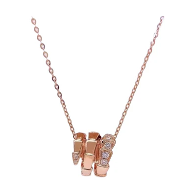 BVLGARI Serpenti Viper Logo Pendant 18K Rose Gold Diamond Necklace Unisex. 357794