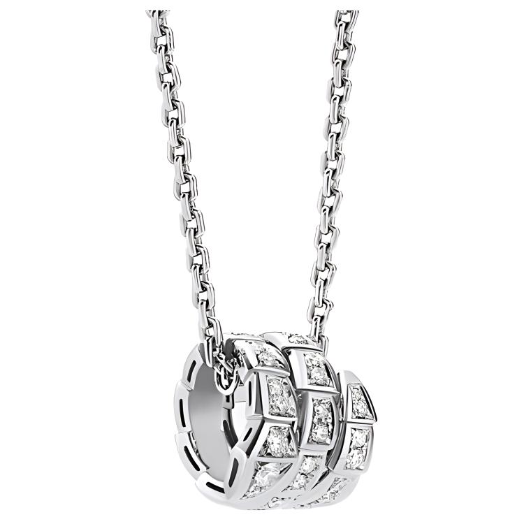 BVLGARI Serpenti Viper Logo Pendant Necklace 18K Gold Diamond Unisex Silver. 357796