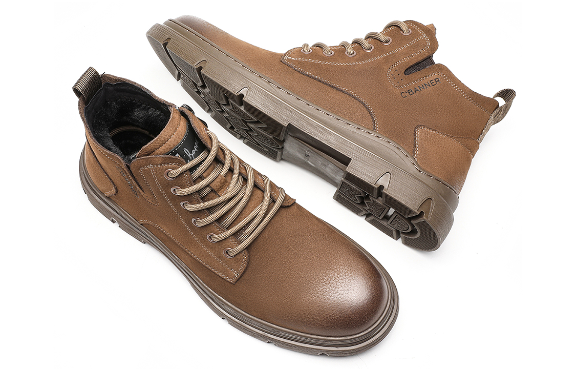 Shop C°BANNER Leather Short Martin Boots 'Outdoor Fleece-Lined Warm Brown' C7734722MA02