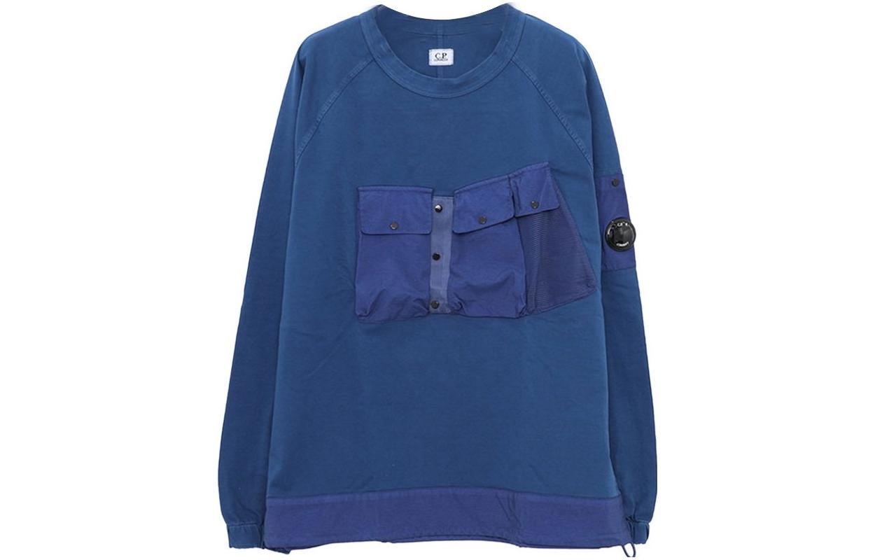 C.P. Company Blue Crewneck Pocket Sweatshirt with Arm Patch 12CMSS181A006059M892
